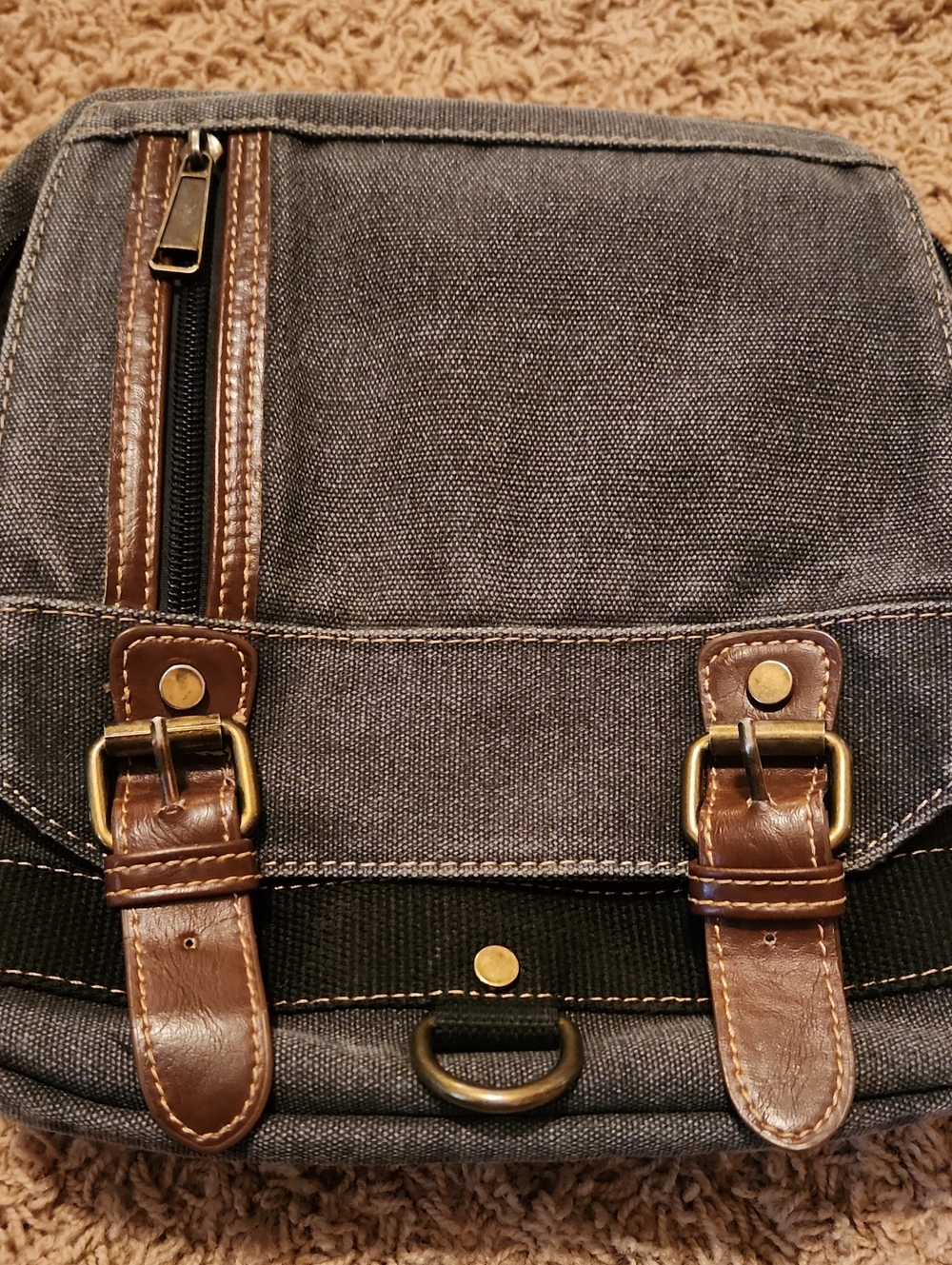 Gray Canvas Crossbody Bag with Brown Accent Straps